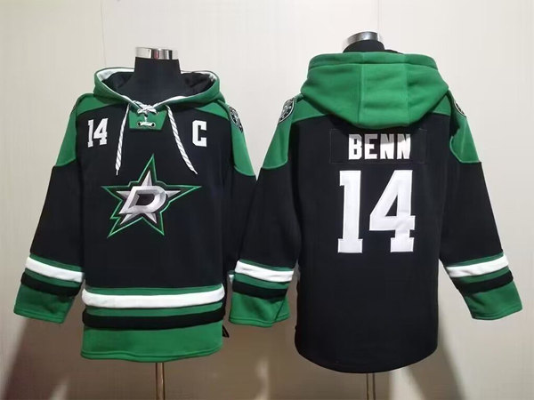 Men's Dallas Stars #14 Jamie Benn Black Green Lace-Up Pullover Hoodie - Click Image to Close